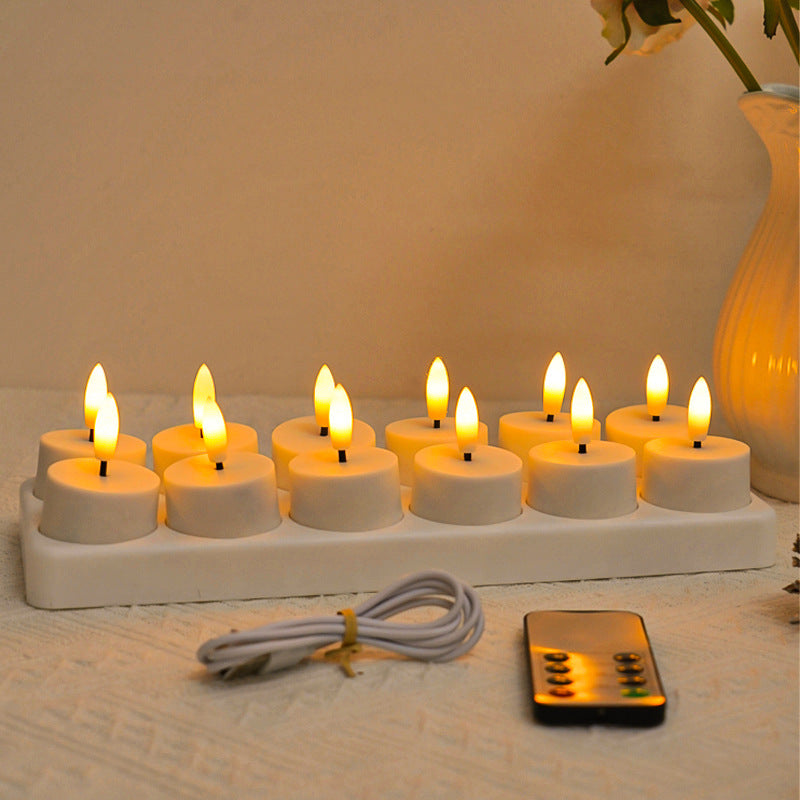 12-teiliges wiederaufladbares LED-Teelicht-Set ohne Flamme mit USB-C-Ladestation, Fernbedienung & Timer