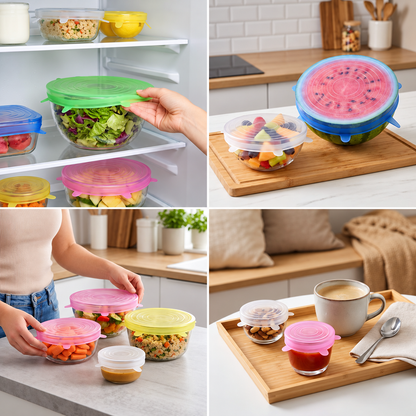 6-teiliges Silikon-Stretchdeckel-Set – Wiederverwendbare BPA-freie Frischhalteabdeckungen