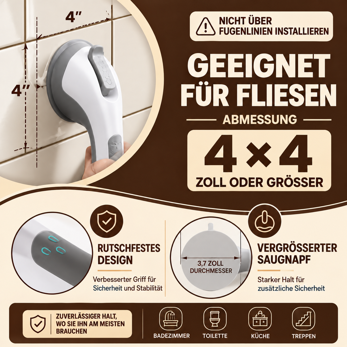 Extra starke Sicherheits-Haltestange mit Saugnäpfen – Rutschfester Haltegriff fürs Badezimmer