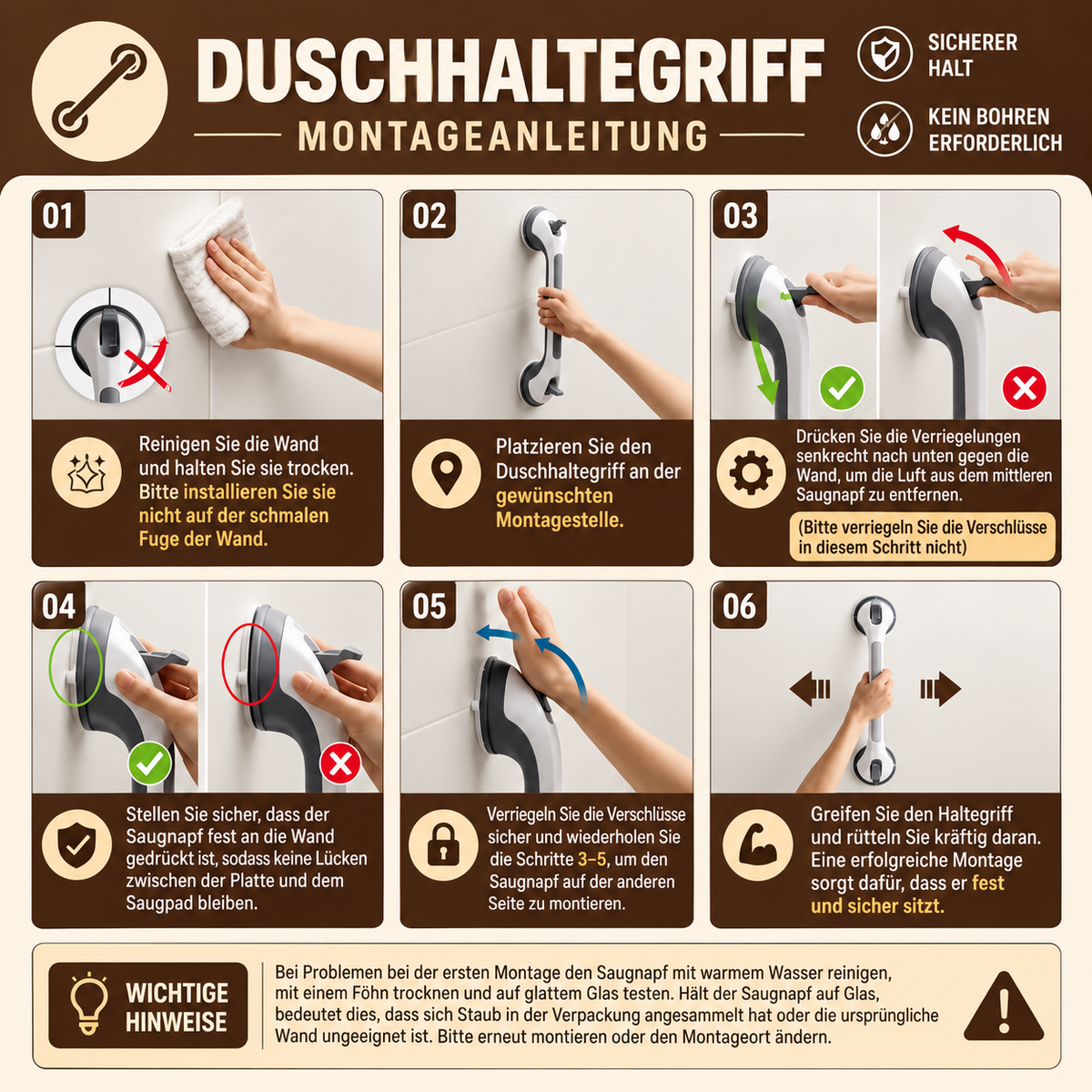 Extra starke Sicherheits-Haltestange mit Saugnäpfen – Rutschfester Haltegriff fürs Badezimmer