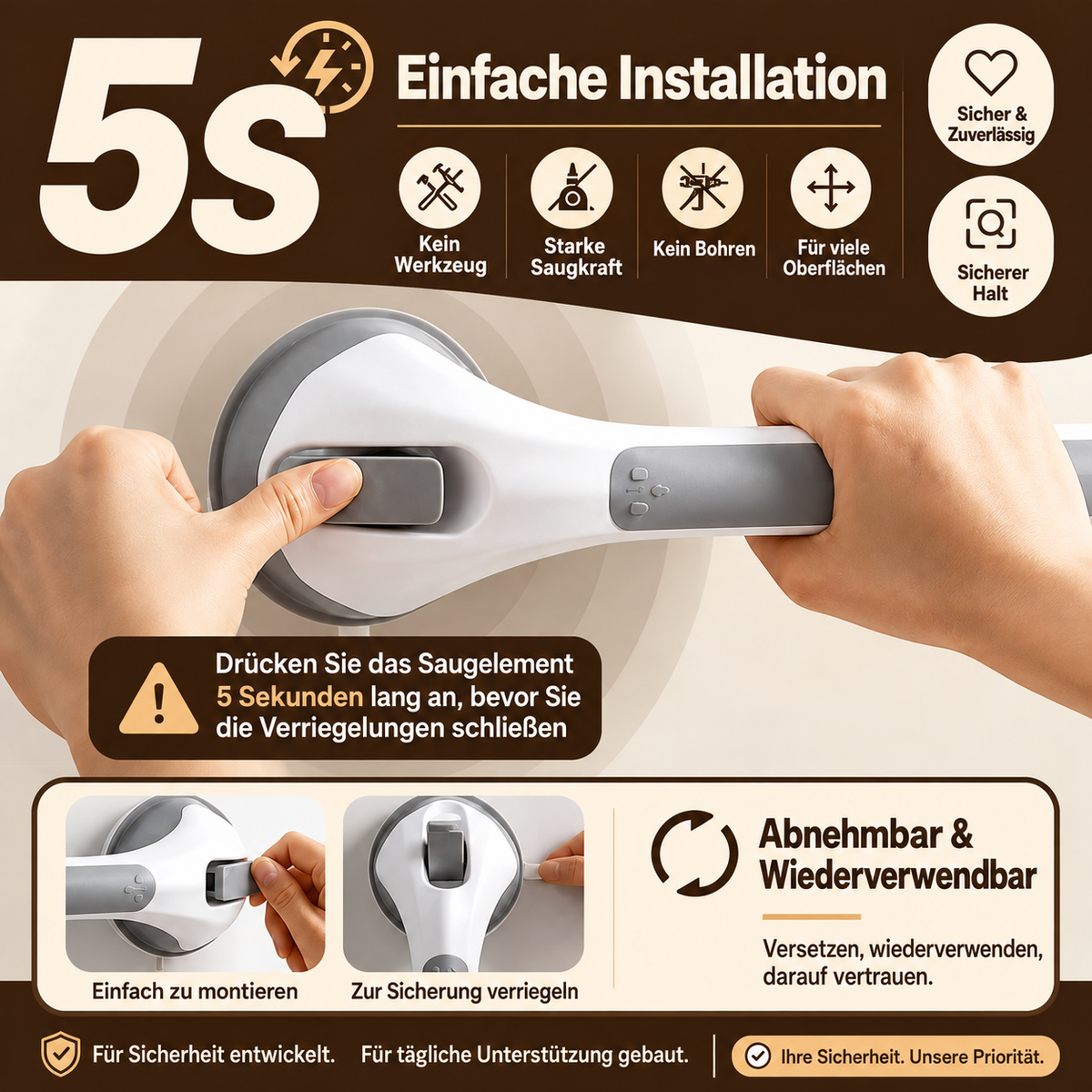 Extra starke Sicherheits-Haltestange mit Saugnäpfen – Rutschfester Haltegriff fürs Badezimmer