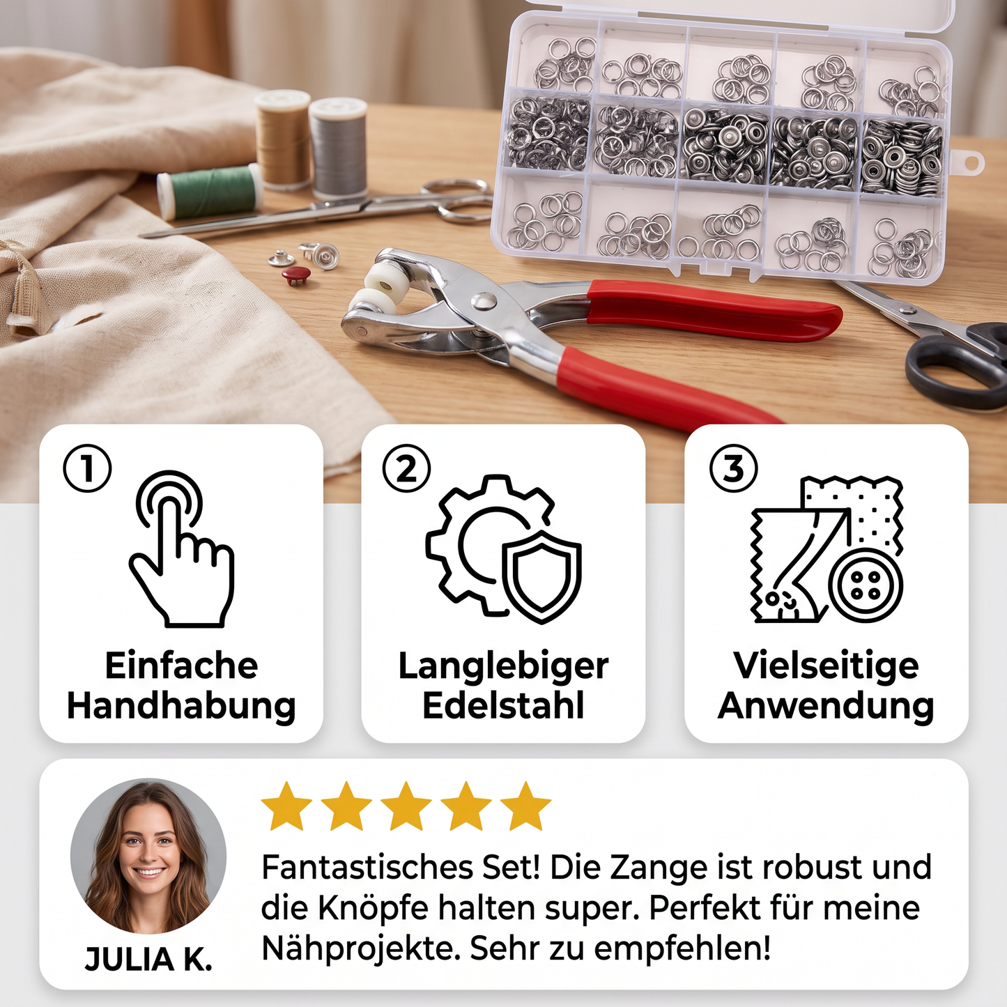 Edelstahl-Druckknopfzangen-Set – Metallknopf-Reparaturset für Kleidung, Leder und Bastelarbeiten