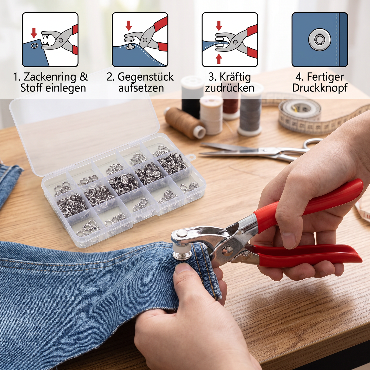 Edelstahl-Druckknopfzangen-Set – Metallknopf-Reparaturset für Kleidung, Leder und Bastelarbeiten