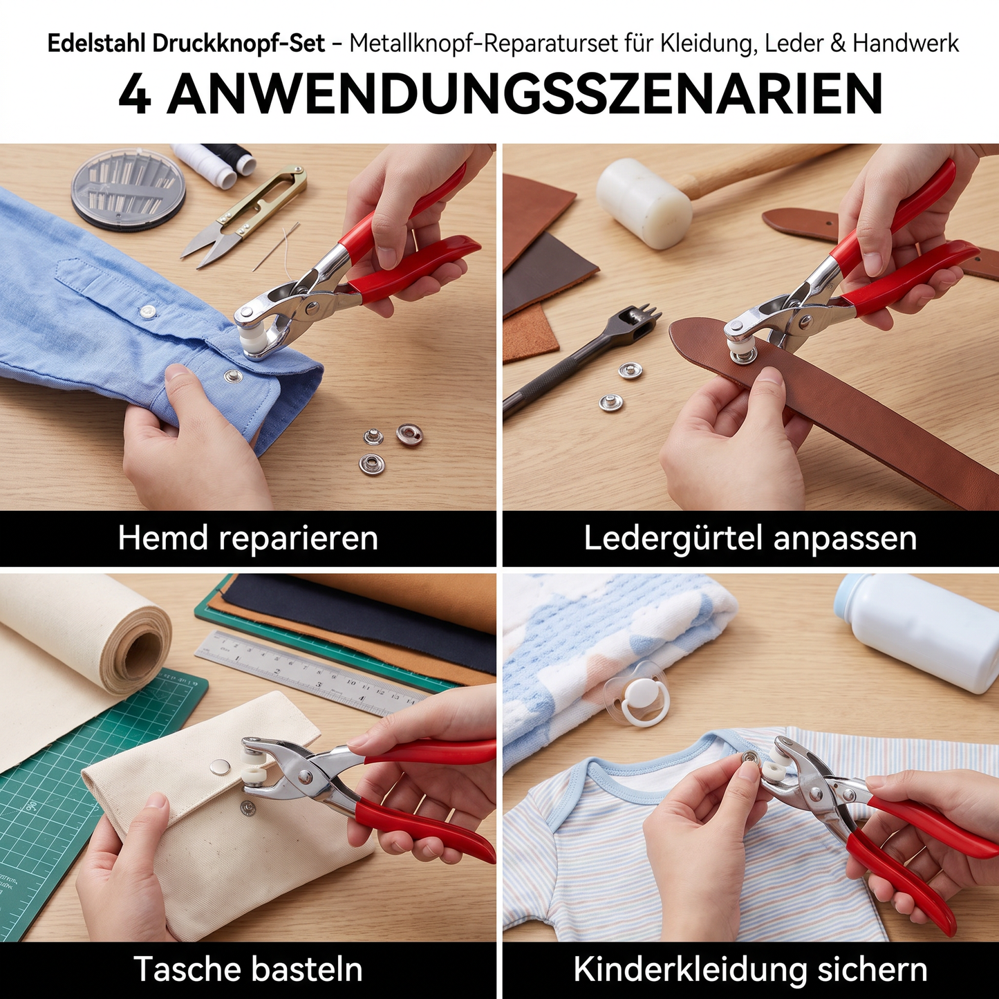 Edelstahl-Druckknopfzangen-Set – Metallknopf-Reparaturset für Kleidung, Leder und Bastelarbeiten