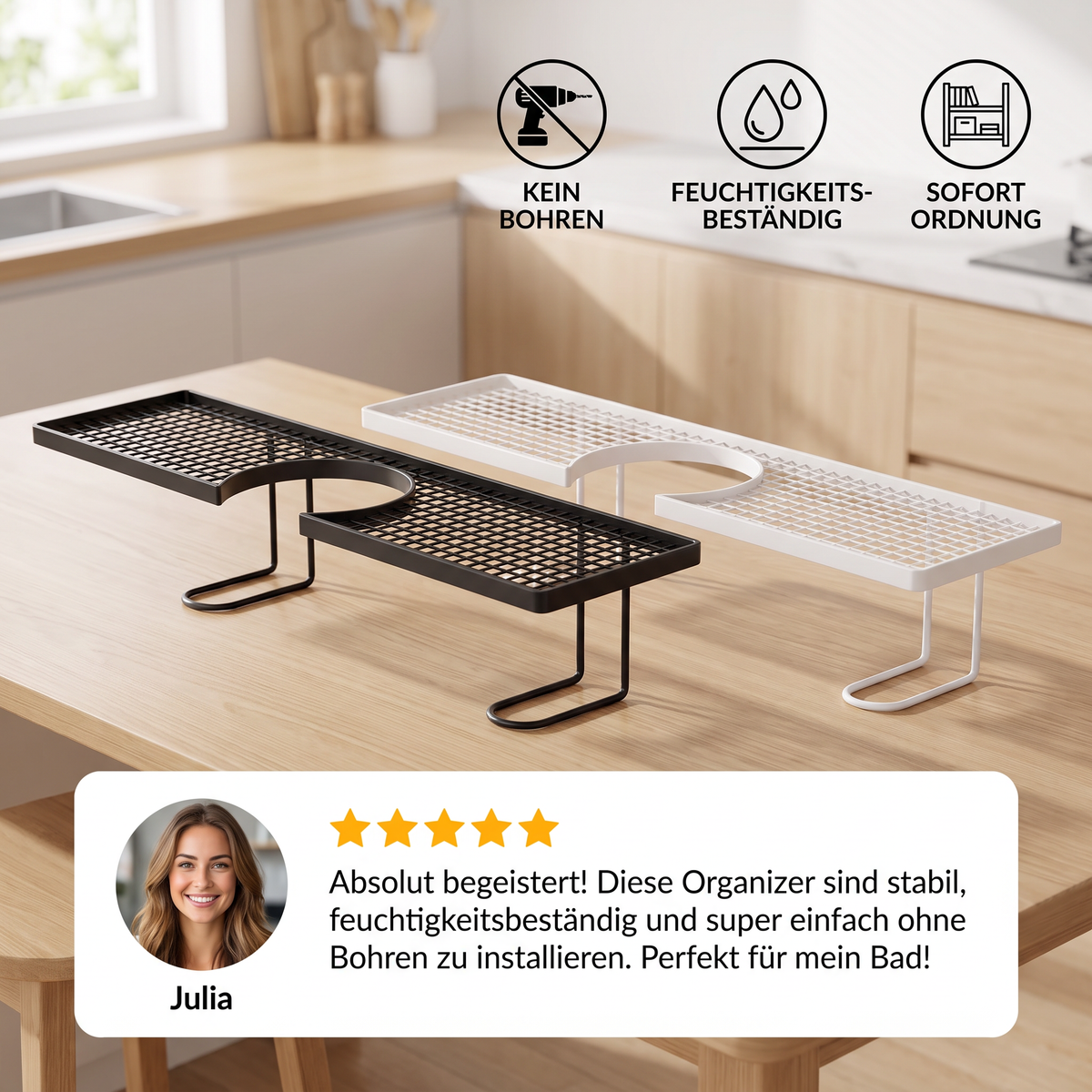 Bohrfreies feuchtigkeitsbeständiges Badezimmer-Organizer-Regal für die Arbeitsplatte