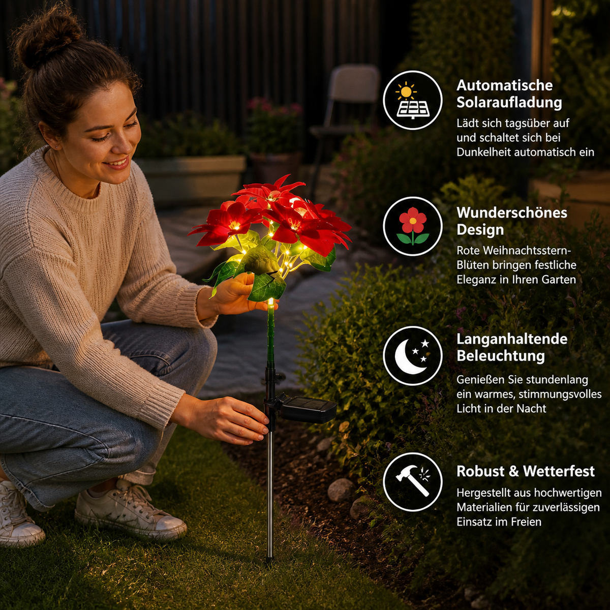 Solar-Weihnachtsstern-Gartenleuchten mit roten Blütenköpfen