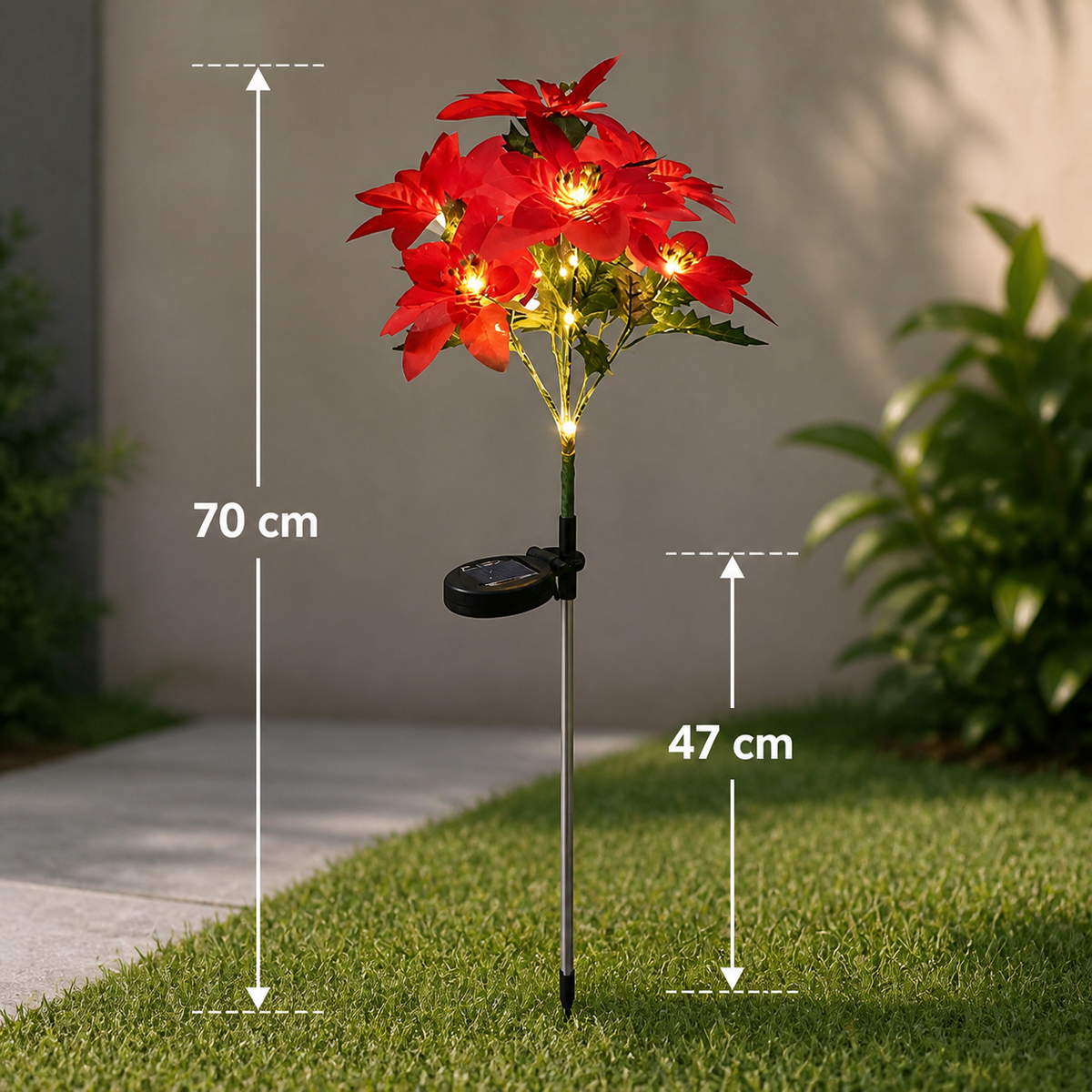 Solar-Weihnachtsstern-Gartenleuchten mit roten Blütenköpfen