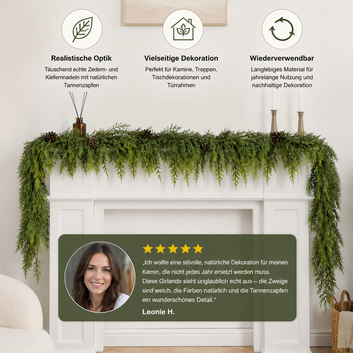 Real-Touch künstliche Zedern- & Kieferngirlande mit Tannenzapfen – Weihnachtsdekoration