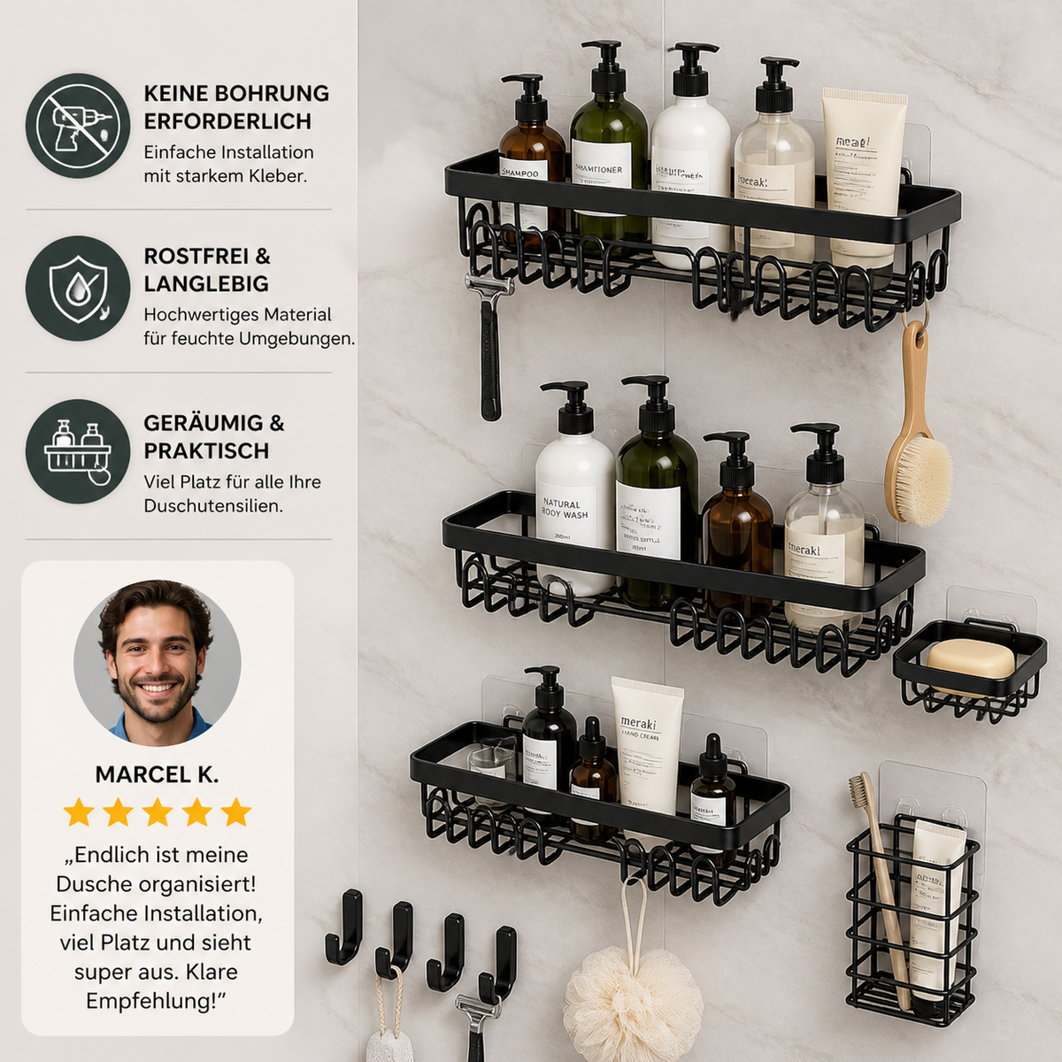 Rostfreies bohrfreies Duschregal-Set mit Seifenhalter