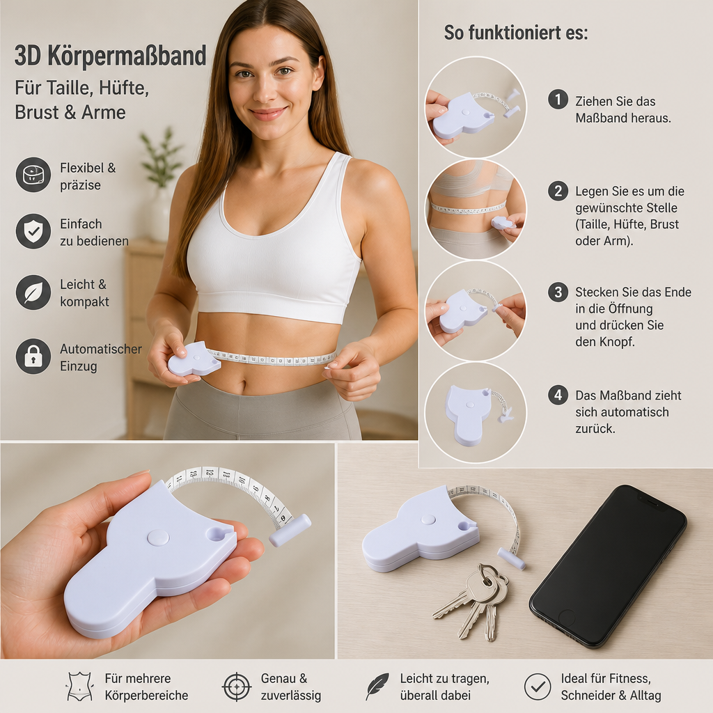 Einziehbares 3D-Körpermaßband für Taille, Hüfte, Brust & Arme