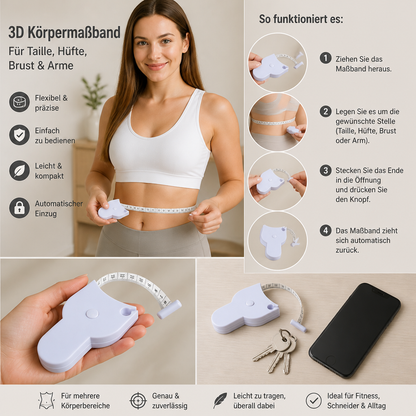 Einziehbares 3D-Körpermaßband für Taille, Hüfte, Brust & Arme