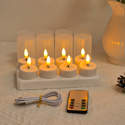 12-teiliges wiederaufladbares LED-Teelicht-Set ohne Flamme mit USB-C-Ladestation, Fernbedienung & Timer
