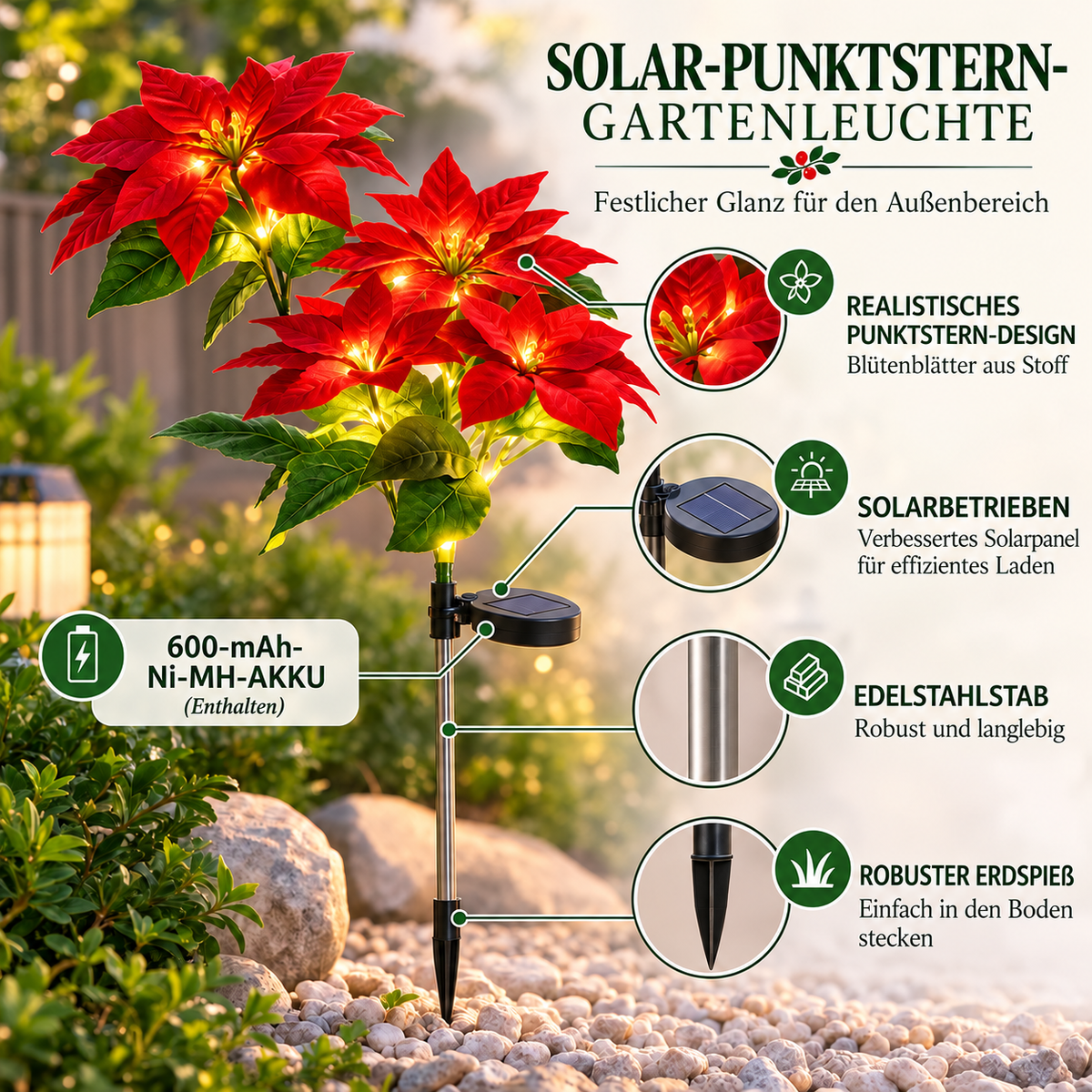 Solar-Weihnachtsstern-Gartenleuchten mit roten Blütenköpfen
