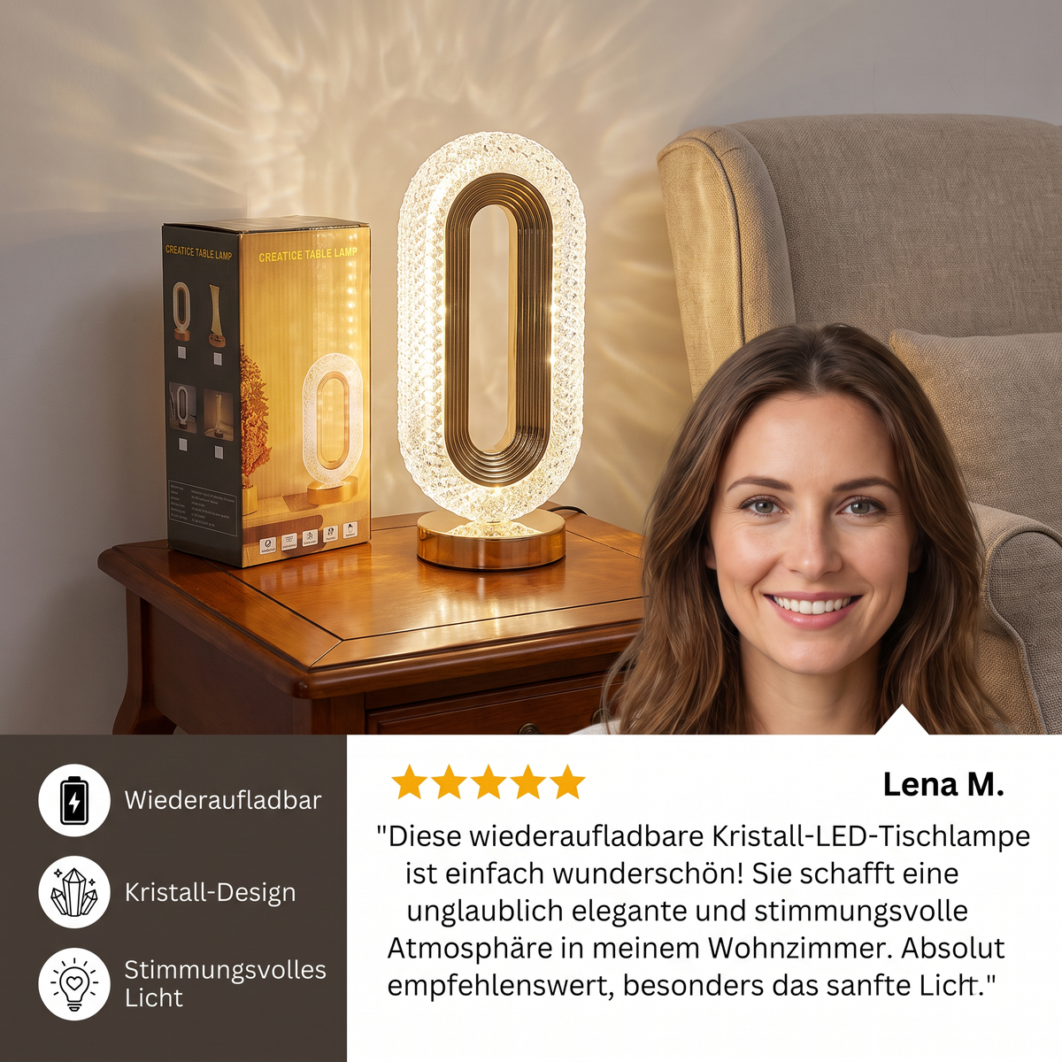 Wiederaufladbare Kristall-LED-Tischlampe – Elegantes stimmungsvolles Nachtlicht