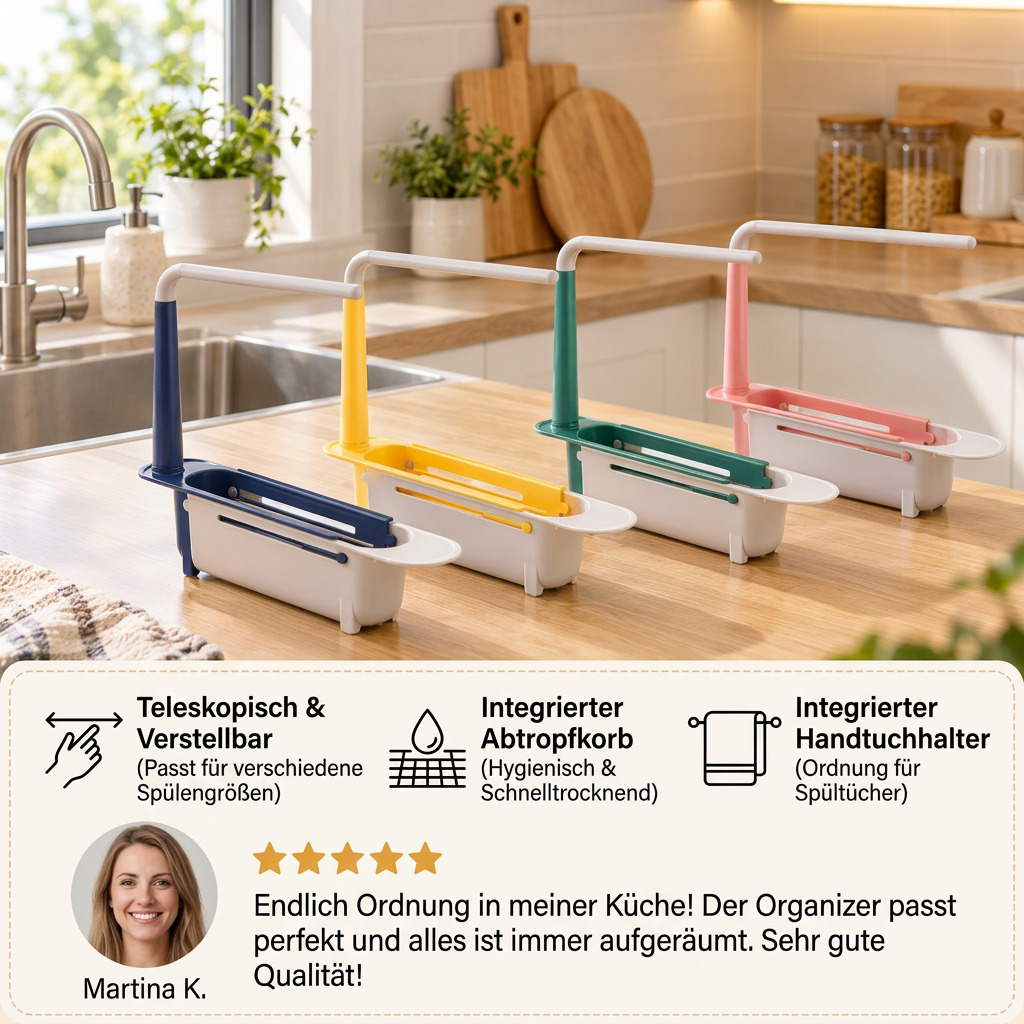 Verstellbarer Teleskop-Spülenorganizer mit Abtropfkorb & Handtuchhalter