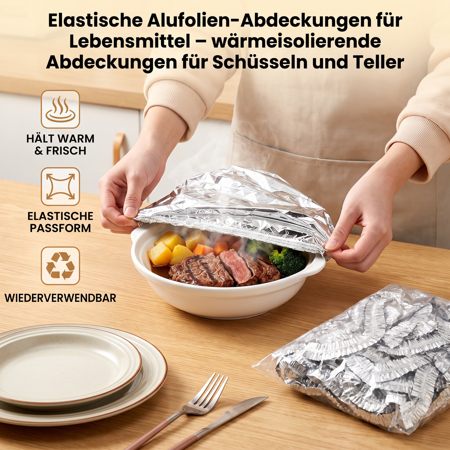 Elastische Alufolien-Abdeckungen für Lebensmittel – wärmeisolierende Abdeckungen für Schüsseln und Teller
