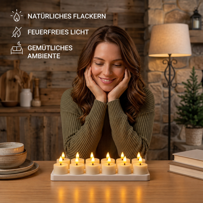12-teiliges wiederaufladbares LED-Teelicht-Set ohne Flamme mit USB-C-Ladestation, Fernbedienung & Timer