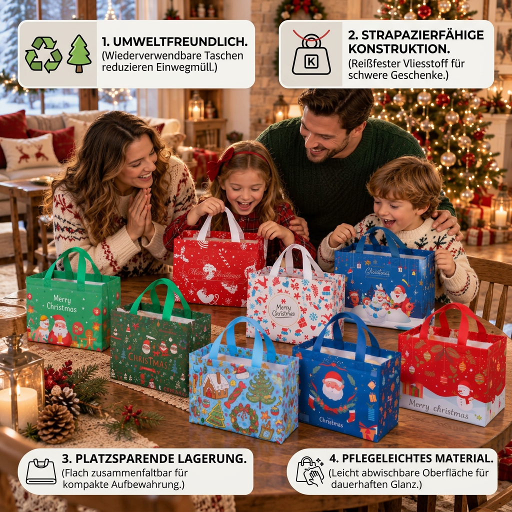 Wiederverwendbare Weihnachts-Geschenktaschen mit Griffen – Verschiedene festliche Designs
