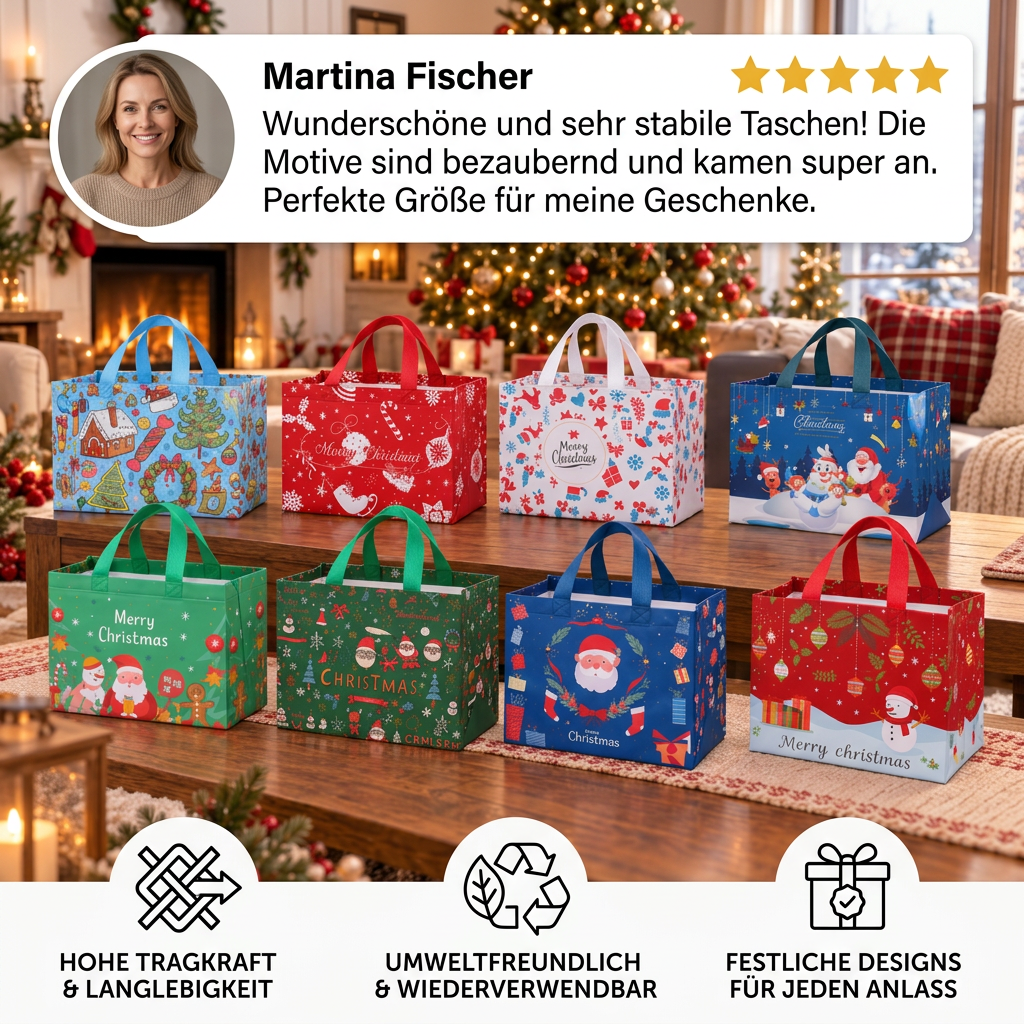 Wiederverwendbare Weihnachts-Geschenktaschen mit Griffen – Verschiedene festliche Designs