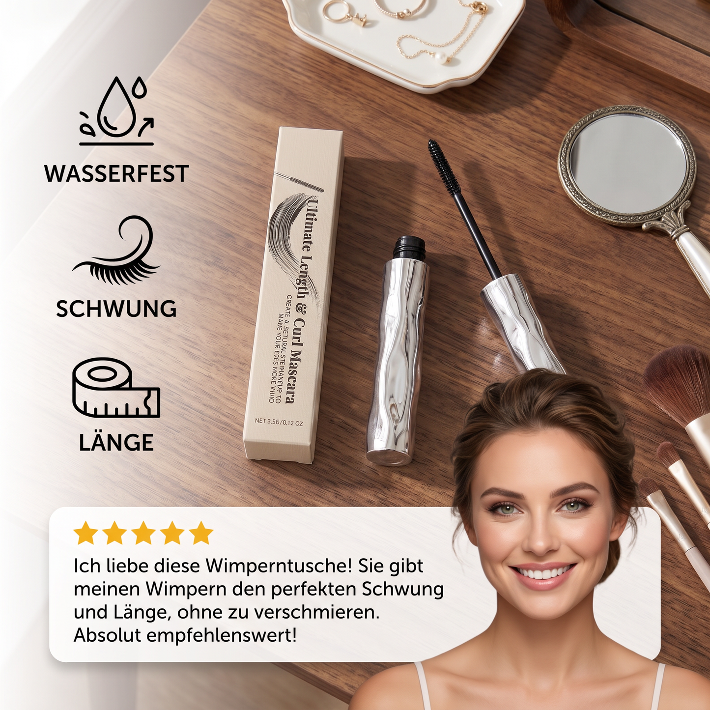 Wasserfeste Mascara für Schwung und Länge – langanhaltende, wischfeste Formel
