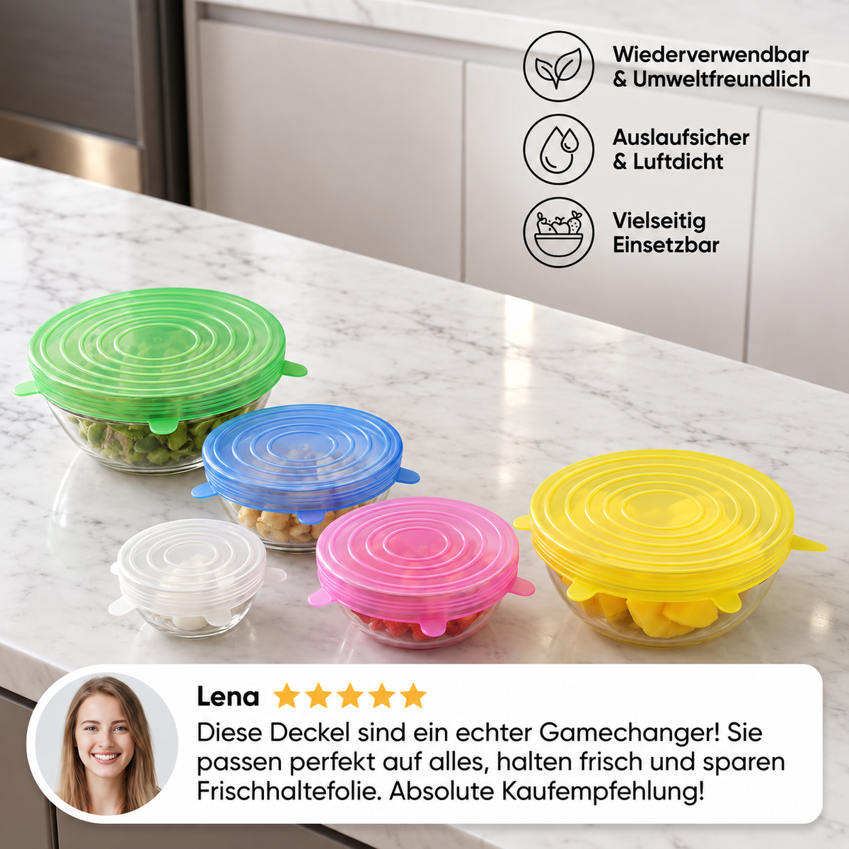 6-teiliges Silikon-Stretchdeckel-Set – Wiederverwendbare BPA-freie Frischhalteabdeckungen