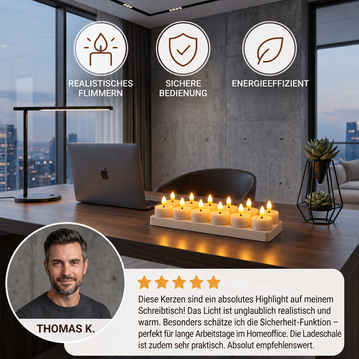 12-teiliges wiederaufladbares LED-Teelicht-Set ohne Flamme mit USB-C-Ladestation, Fernbedienung & Timer