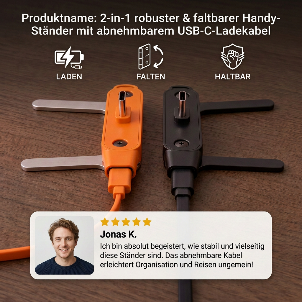 2-in-1 robuster & faltbarer Handyhalter mit abnehmbarem USB-C-Ladekabel