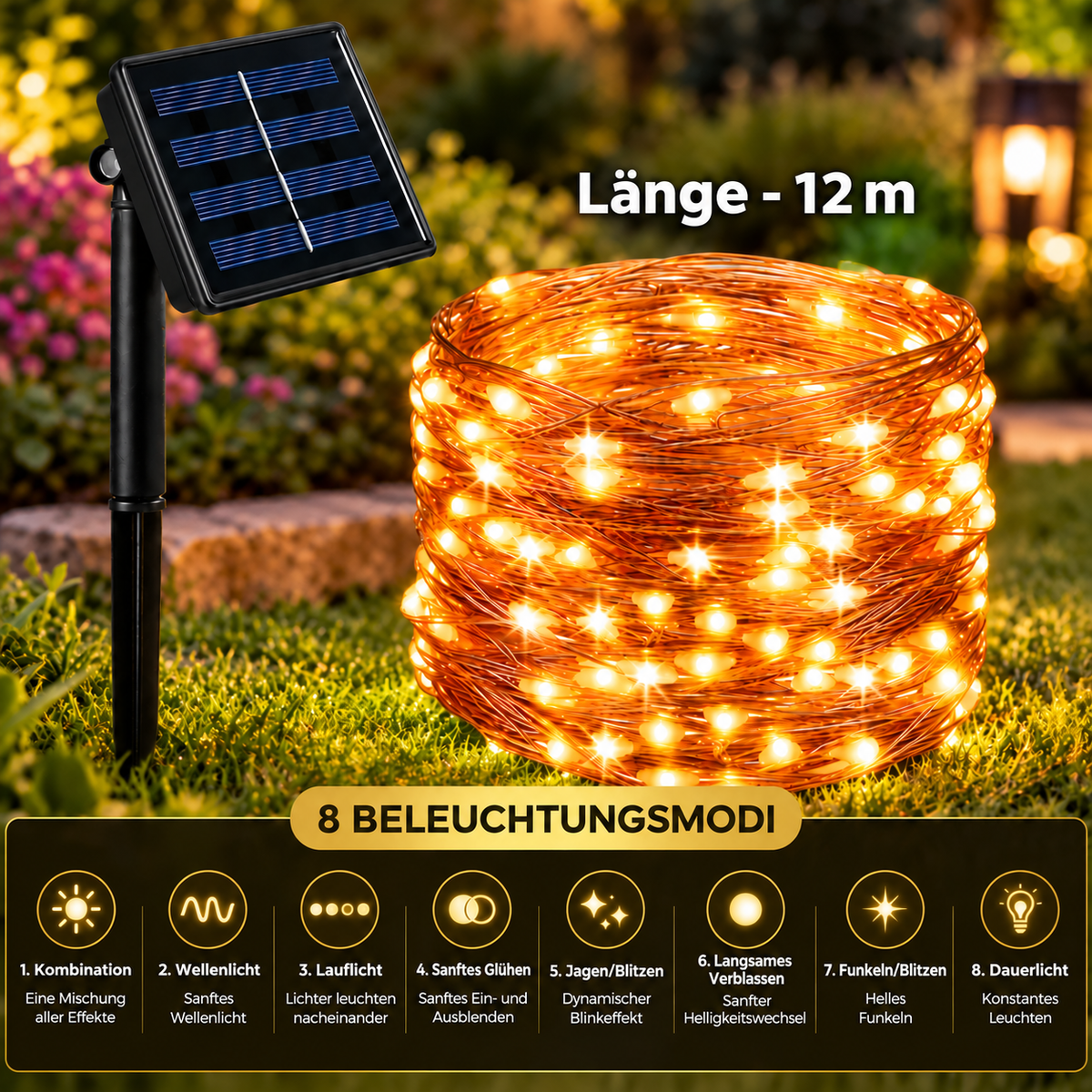 Solar-Lichterkette für den Außenbereich mit LEDs & 8 Leuchtmodi