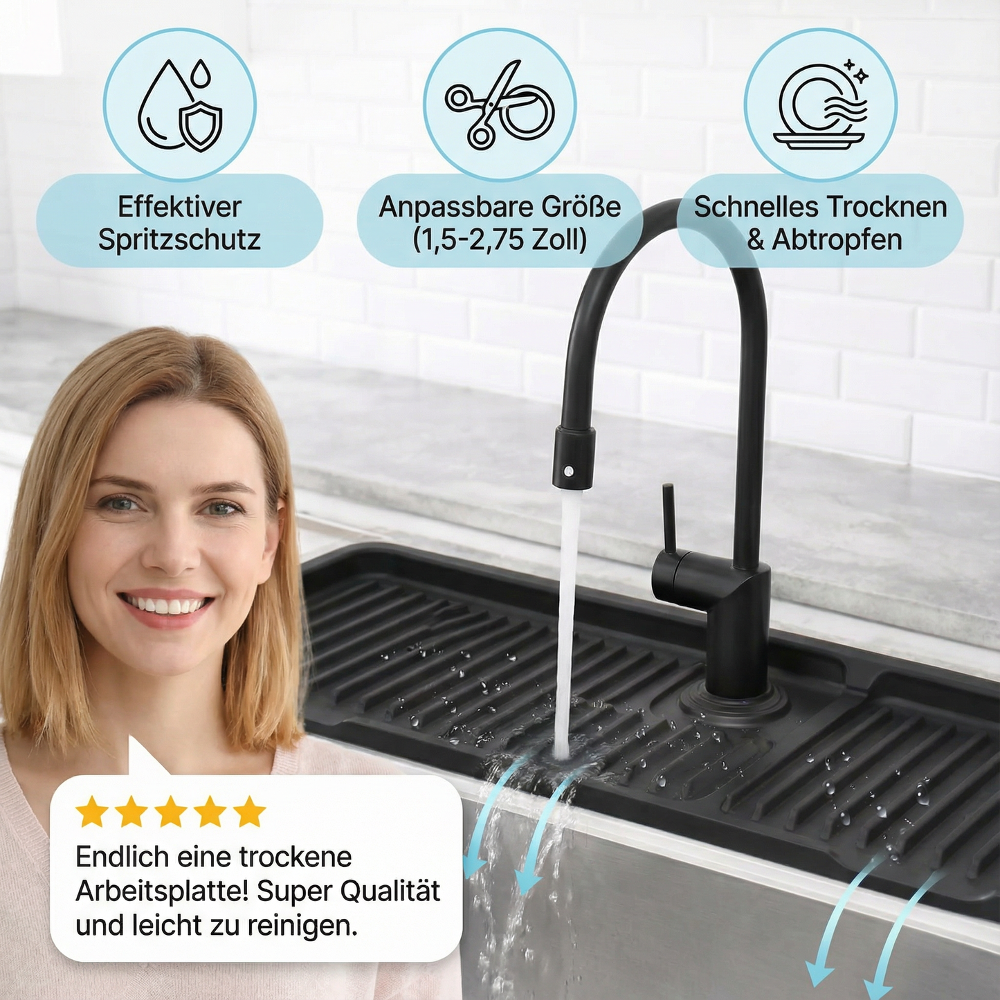 Wasserhahn-Spritzschutz aus Silikon – Abtropfmatte für Spüle & Waschbecken
