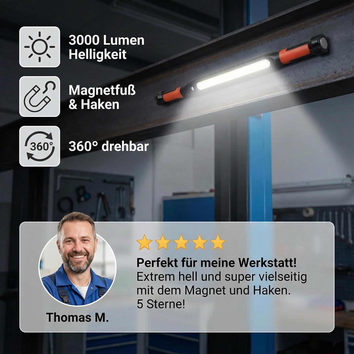 LED Akku-Arbeitslampe 3000 Lumen – Magnetfuß & Haken, 360° drehbar