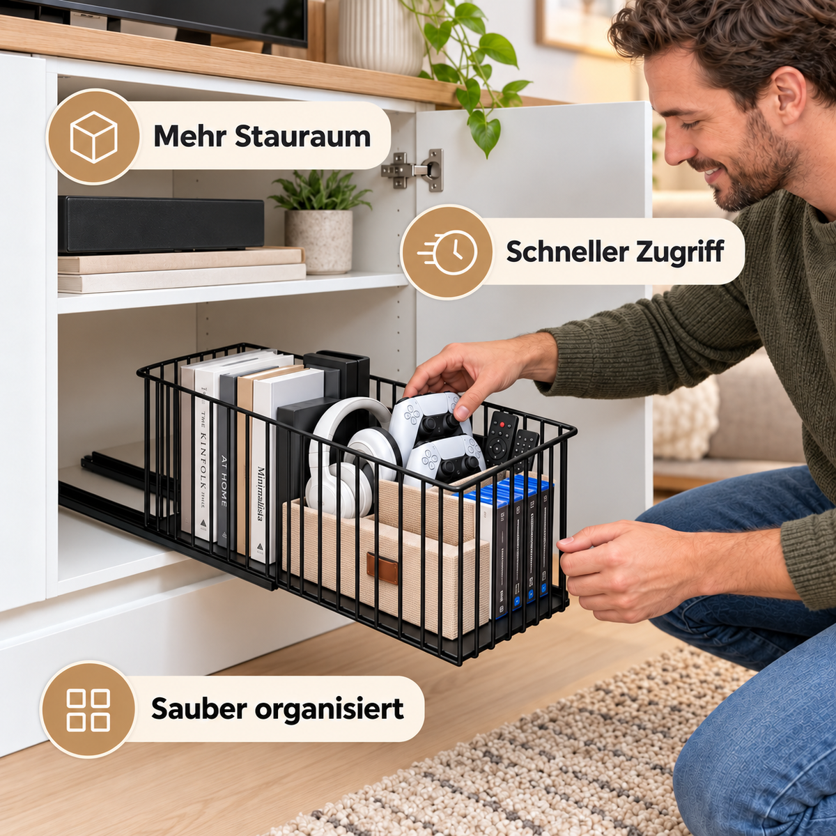 Platzsparender ausziehbarer Aufbewahrungskorb aus Kohlenstoffstahl & Schrank-Organizer