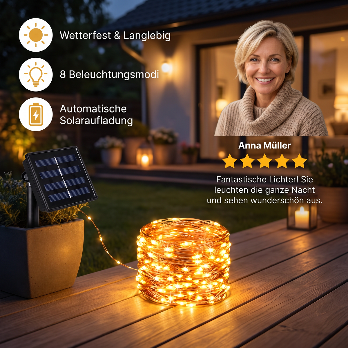 Solar-Lichterkette für den Außenbereich mit LEDs & 8 Leuchtmodi